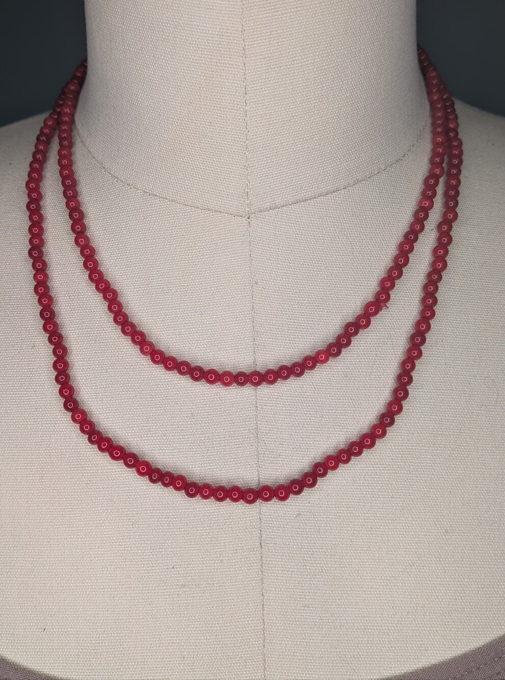 Vintage Long Endless Cherry Red Glass Round Bead Flapper Layering Necklace